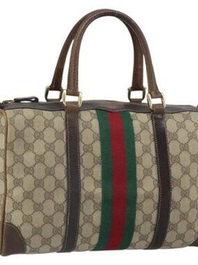 GUCCI GG Supreme Web Sherry Line Boston Bag PVC Beige Gold Red Auth 163579